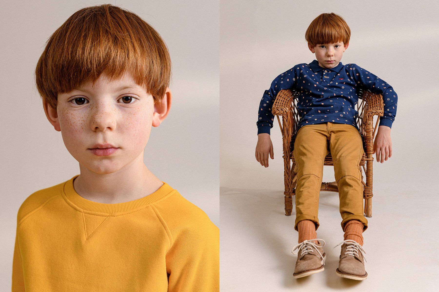 Kids in studio, portrait, sitting on a stool.